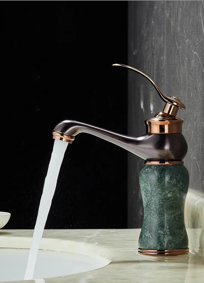 Description Picture 2 of itemBathroom Basin Faucet Gold Brass And Jade Bathroom Single Handle Mixer Washbasin Faucet Cold Hot Water Sink Crane Mixing Taps