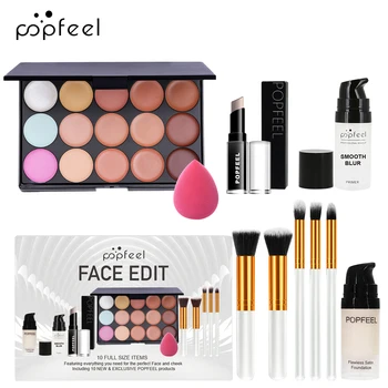 POPFEEL Set trucco viso da 10 pezzi - Combinazione fondotinta, correttore e pennello per principianti - Kit completo trucco viso per impeccabili