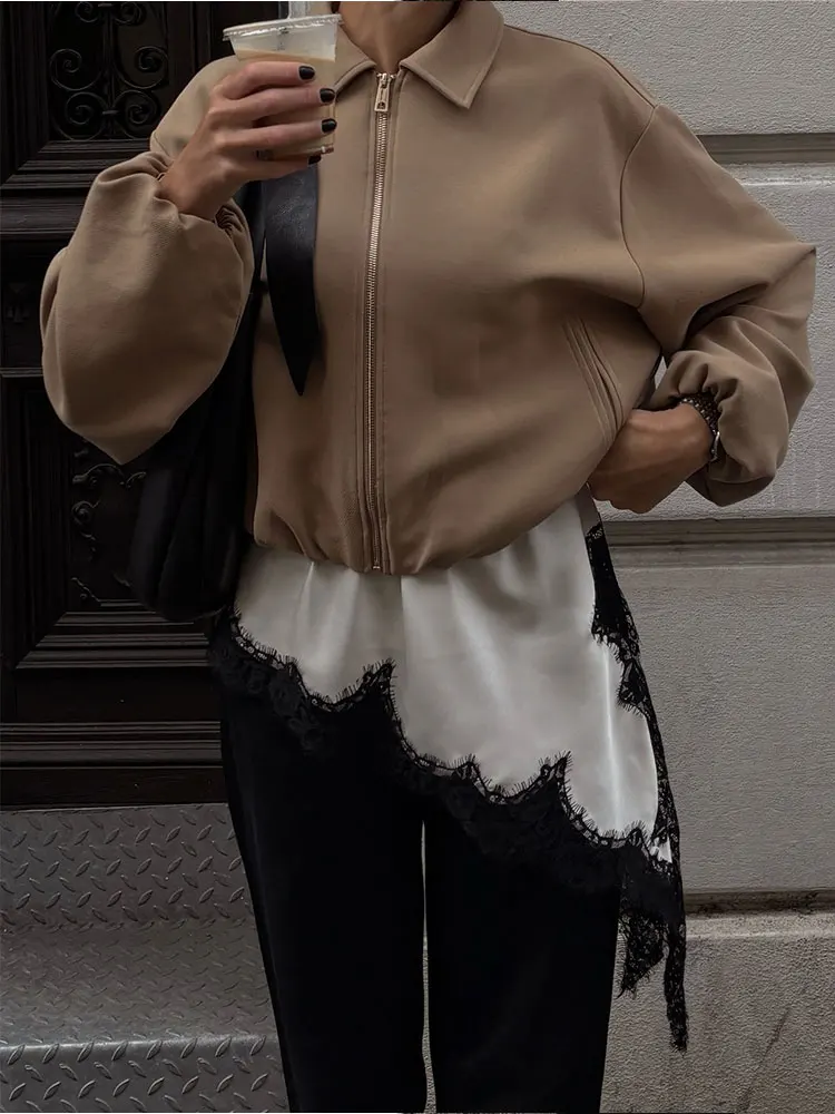 HH Women Casual Solid Short Coat Turn Down Collar Long Sleeve Zipper Jacket Fashion 2025 Autumn Office Lady Basics Outerwear