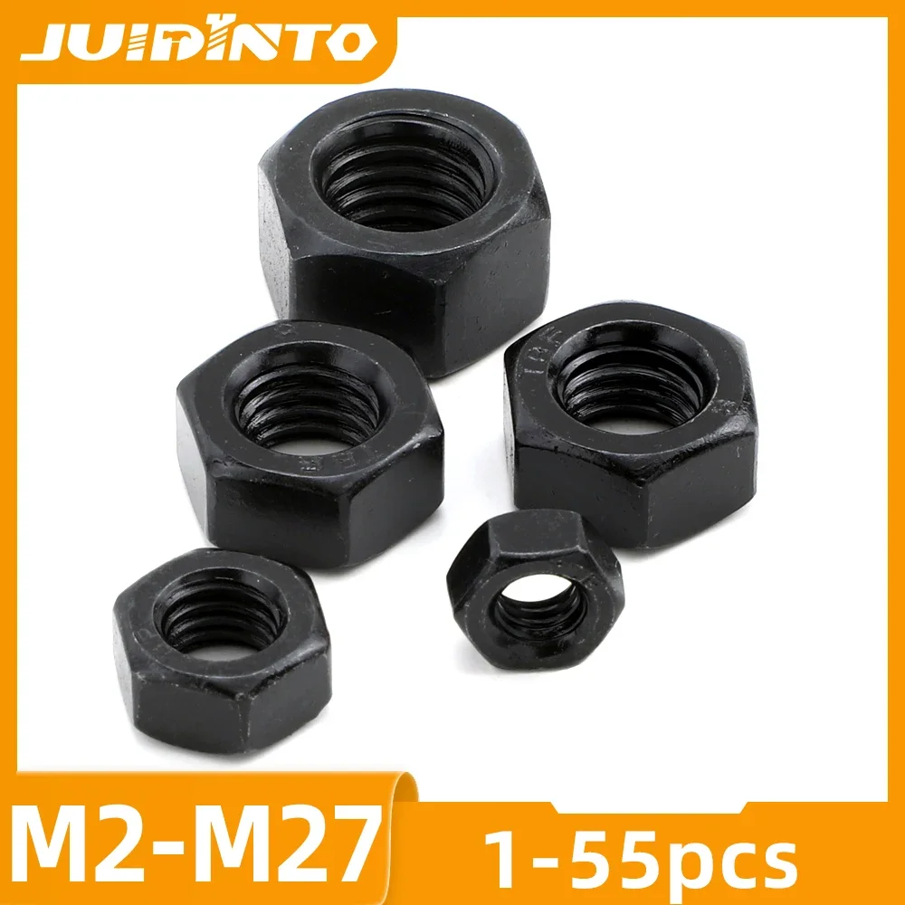 JUIDINTO 1-55pcs Black Hex Nuts M2 M2.5 M3 M4 M5 M6 8 M10 M12 M14 M16 M18 M20 M22 M24 M27 Carbon Steel Metric Hexagon Nuts