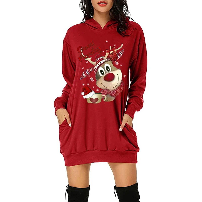 Women's Pockets Hoodies S-5XL New Years Long Sleeve Deers Printed Pullovers Merry Chritmas Autumn Winter Red Casual Sweatshirts