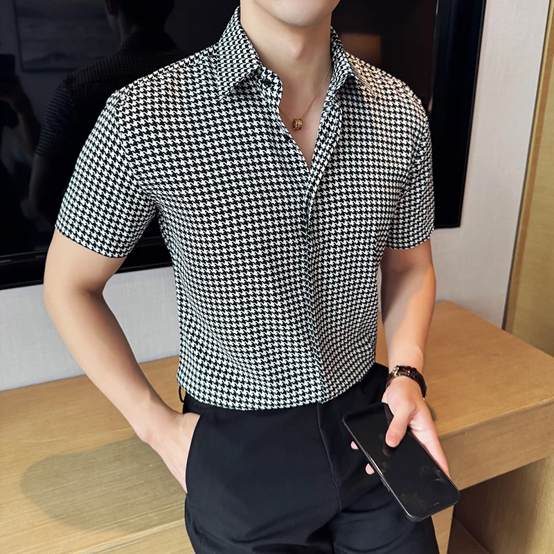 

Luxury Black White Plaid Shirt 2024 Summer New Men Short Sleeved Business Slim Fit Casual Shirt Homme Social Formal Wear Blouses