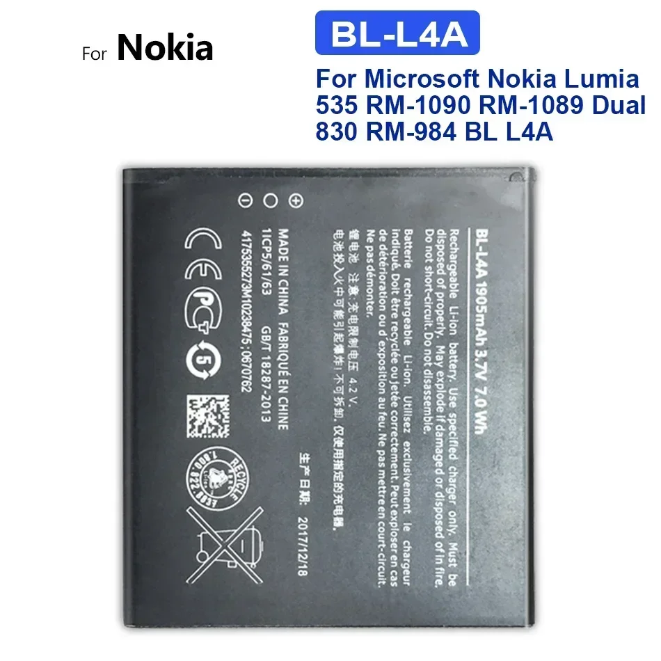 Bl-L4A Bl L4A 2200Mah Batteria Di Ricambio Per Telefono Cellulare Per Batterie Nokia Lumia 535 Lumia 830 Rm984 Rm-1090 Rm-1089 Bll4A Smartphon