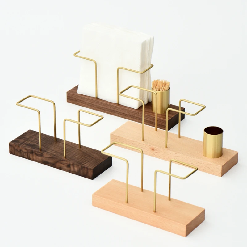 Desktop Organizer Tableware Supplies Wood Tissue Paper Holder Napkin Holder Brass Tissue Box StorageToothpick Box 2