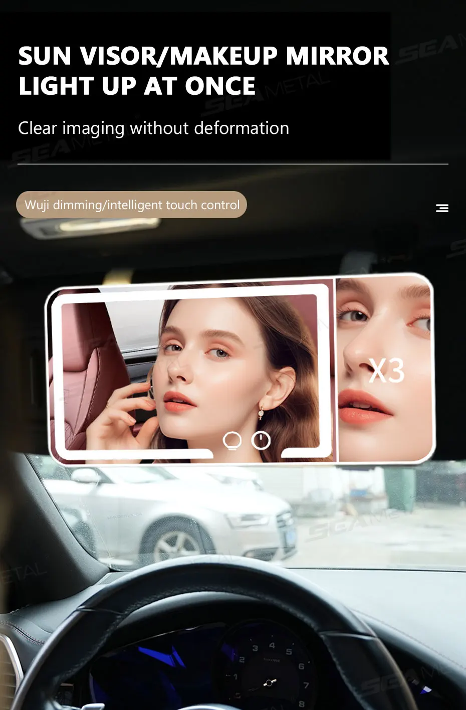 Espejo de maquillaje para automóvil con aumento 3x Espejo de tocador con visera táctil, espejo de maquillaje con carga de luz de relleno conmutable de 3 colores » Espejo de maquillaje para automóvil con aumento