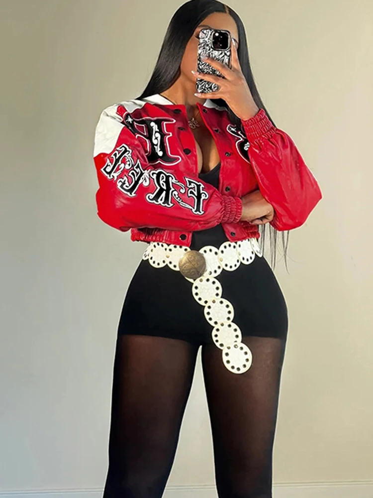 Nibber Uniform Letter Print Crop Jacket Woman PU Patchwork Full Sleeve Single-Breasted Cardigan Skinny Single-Button Cool Coat