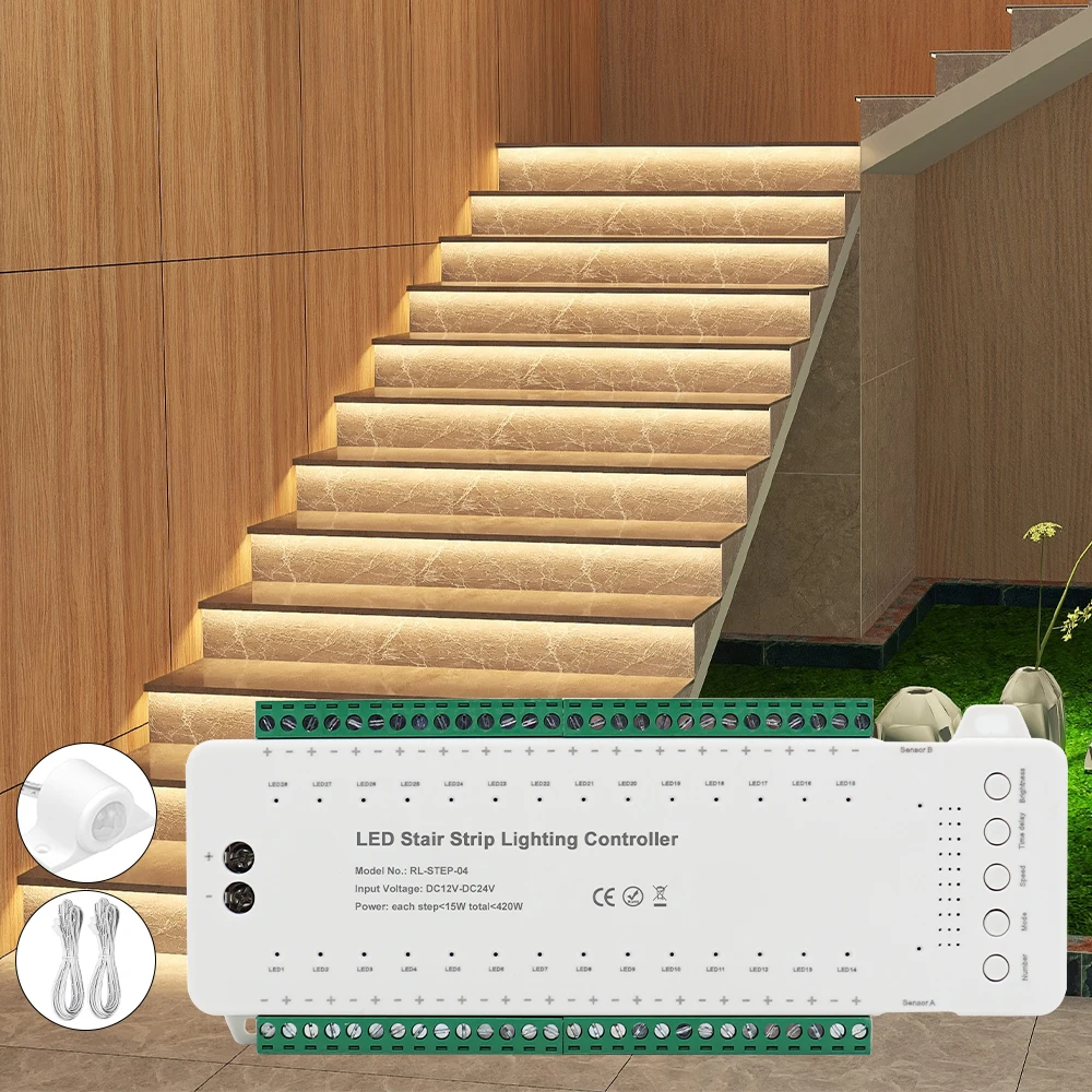 Motion Sensor Stair Light Controller 16 28 Steps Auto Turn On Off Body Movement Sensor House Hotel Stairs Lighting System Kit