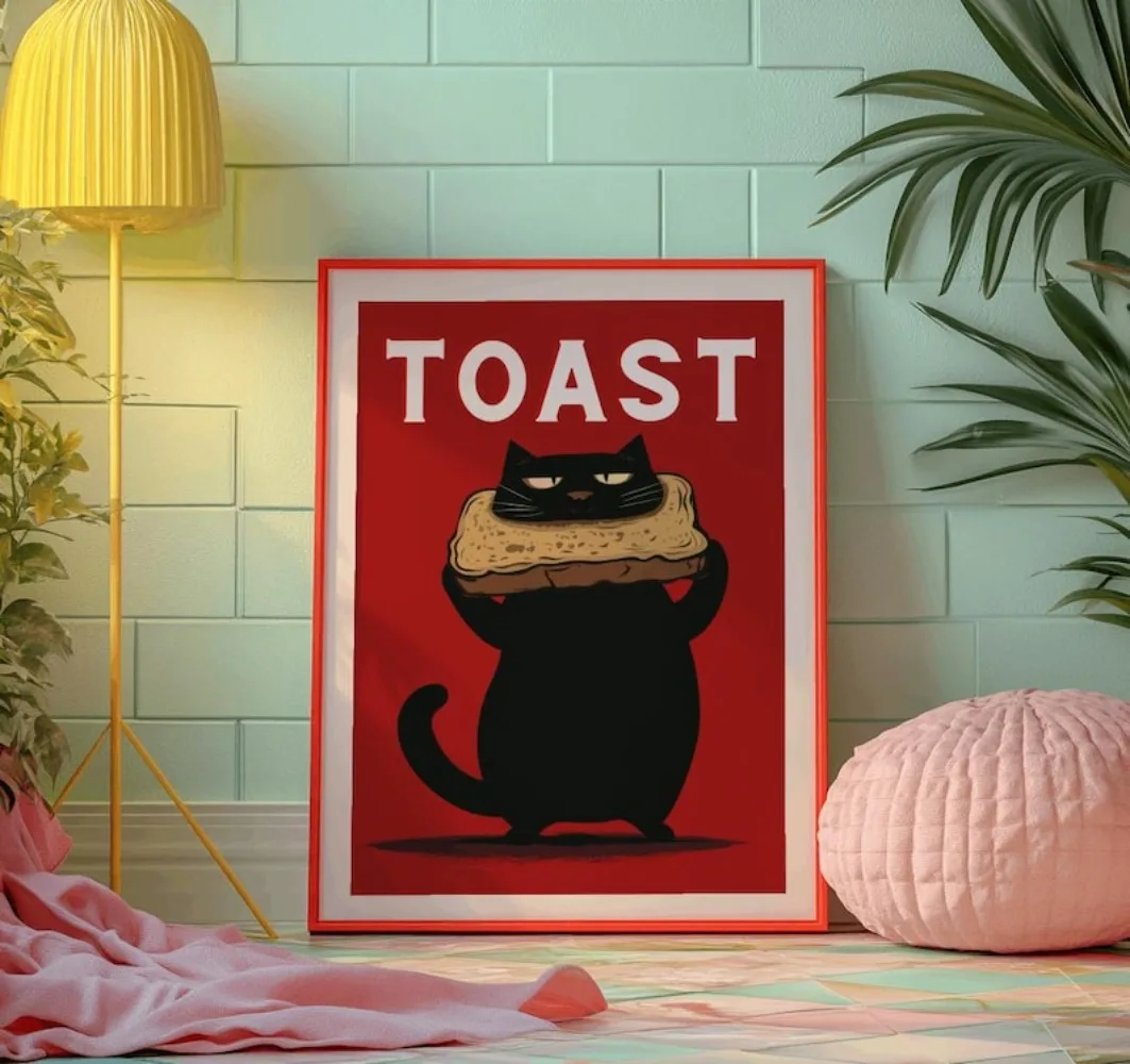 Charming Black Cat Digital Wall Art Print - Playful Kitten Illustration Canvas Poster