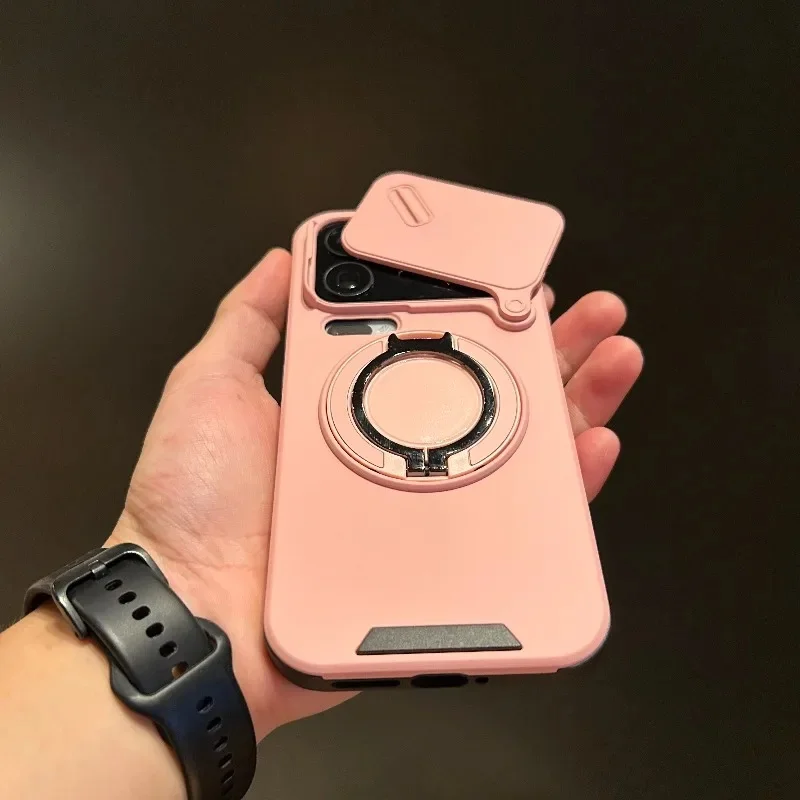Slide Camera Cover Shockproof Case with Magnetic Ring Stand and Hard PC TPU Protective Shell