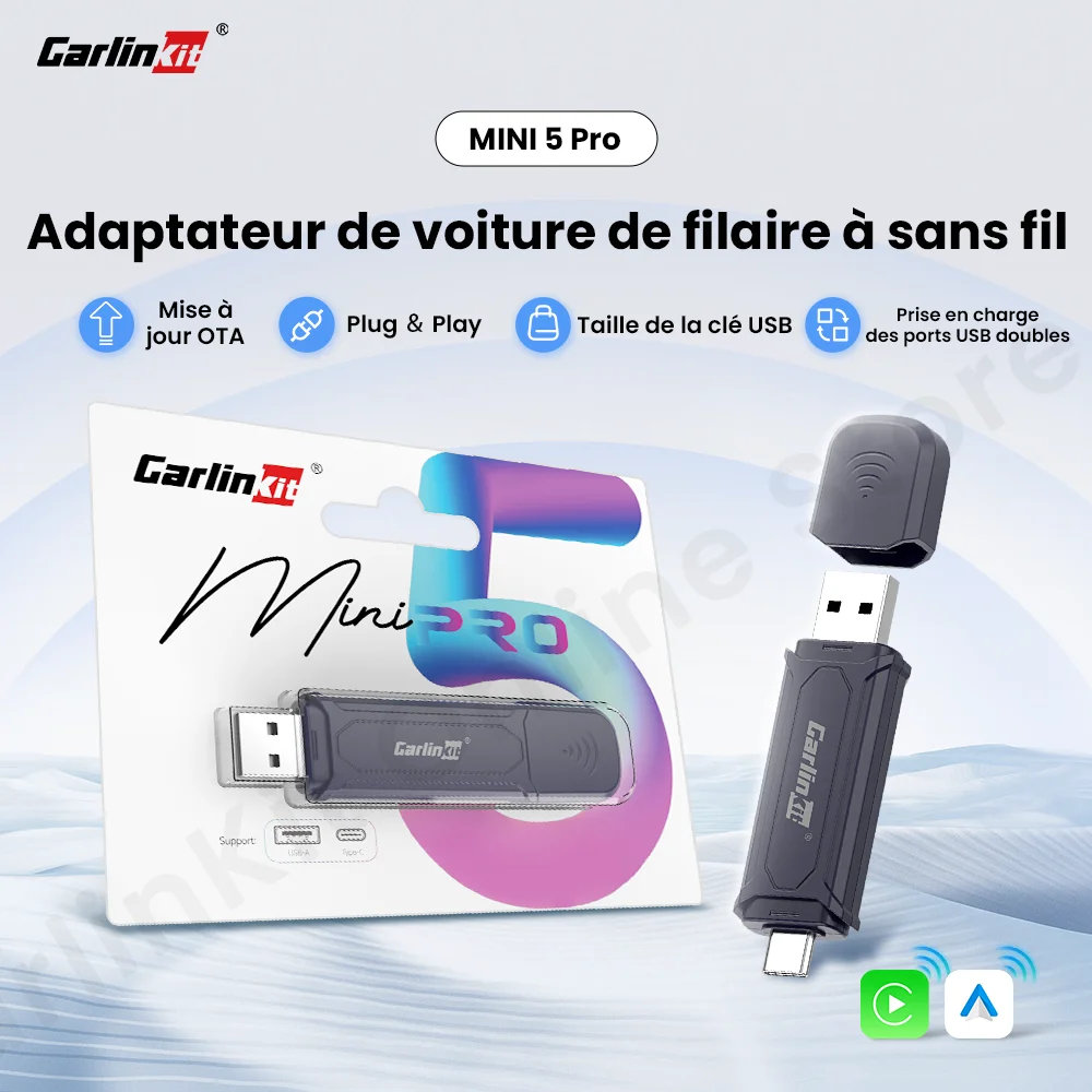Carlinkit Mini 5 Pro Wireless Carplay Android Auto Adaptateur pour Voiture, Systèmes Intelligents, Mise à Niveau, Connexion Wi-Fi sans Couture