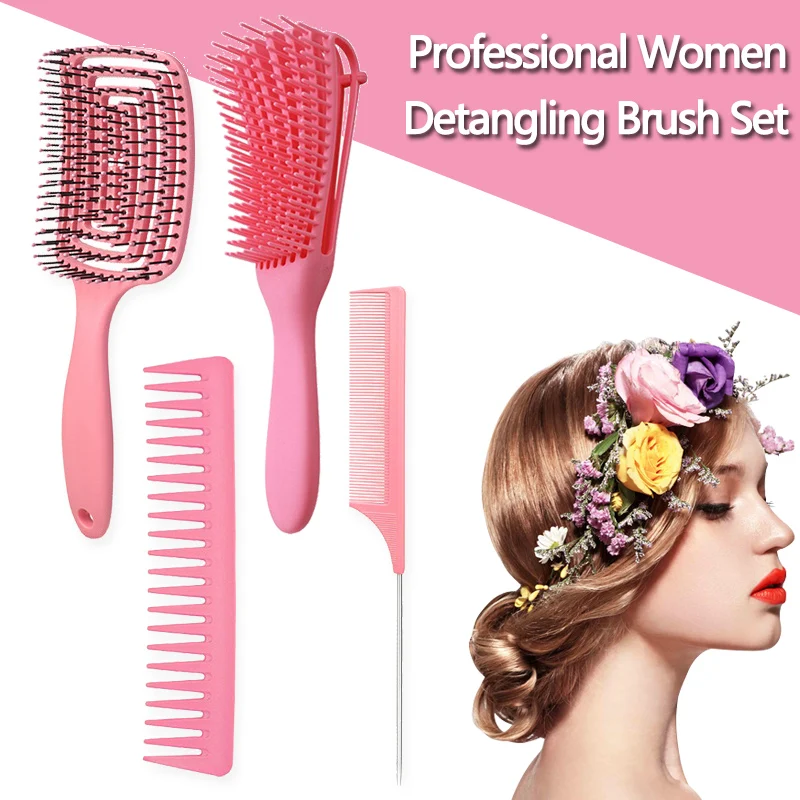 Support Wholesale 4Pcs Detangling Brush Set For Professional Women Curly Hair Scalp Massage Comb Hairs Care Styling Tools шампунь revlon professional equave hydro detangling 1000 мл