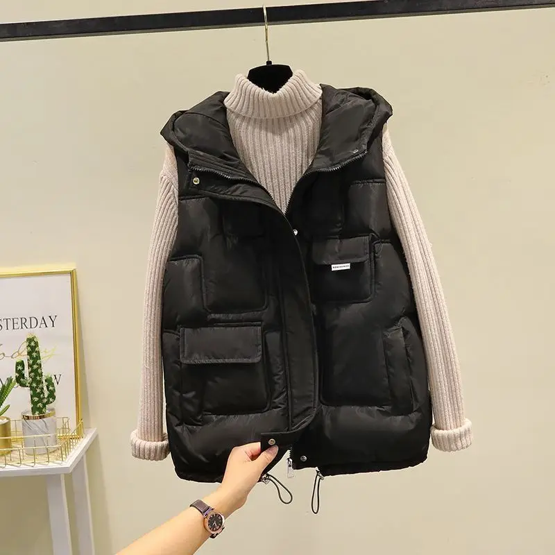 

Autumn Winter Cotton Vest Women's Hooded Loose Cotton Vest Light Waistcoat Jacket Ladies Outerwear Pocket Sleeveless Vests D40