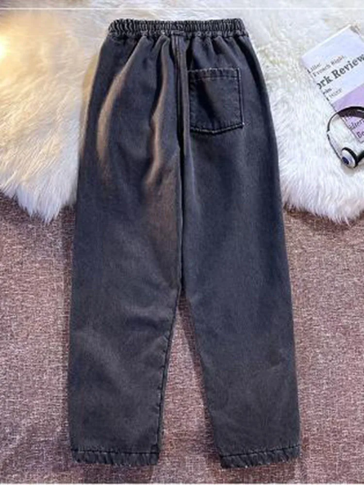 Oversize 95kg Straight Jeans Winter Plush Lined Thick Baggy High Waist Denim Pants Warm Casual Vaqueros Woman Blue Trousers 2023