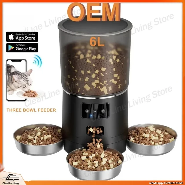 Automatic Pet Feeder with WiFi Remote Control 6L Large Capacity Smart Cat Dog Feeder Triple Bowl Desktop Pet Food Dispenser 1