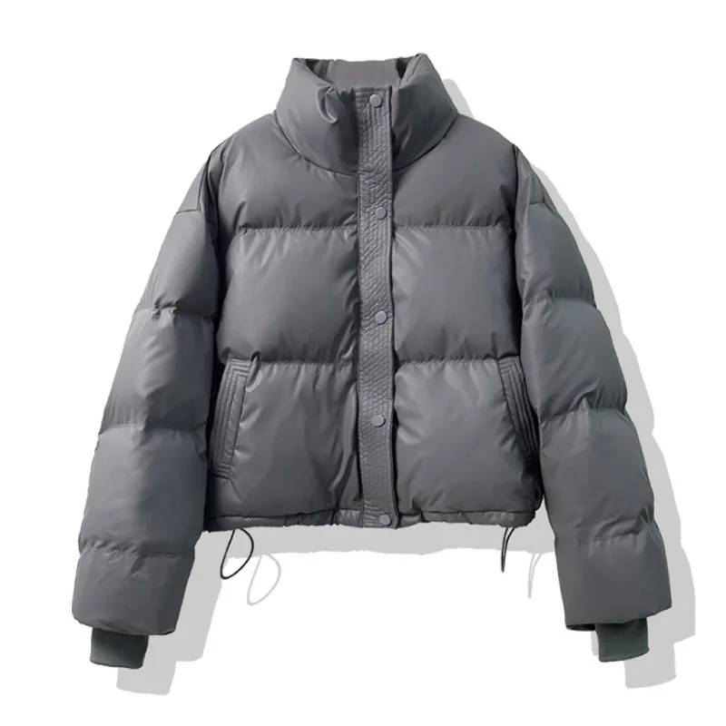 2024 New Autumn Winter Leather Parkas Women Fashion Stand Collar Coats Women Elegant Elastic Cuffs Padded Jackets Female Ladies