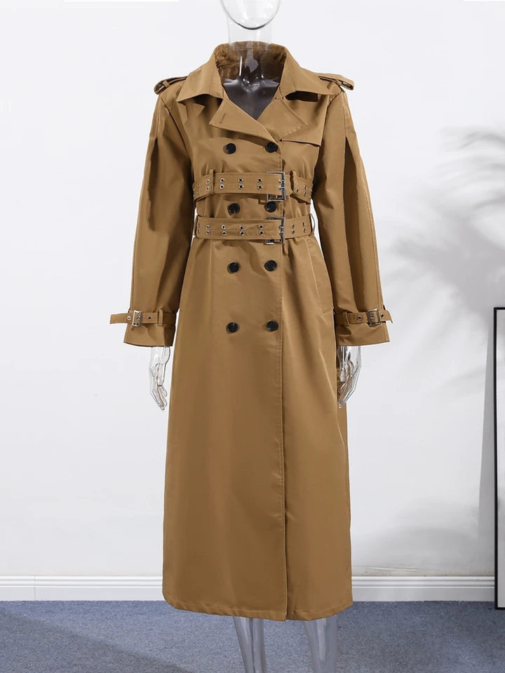 Double-Buckled Belted Hooded Trench Coat Oversized Long Sleeve