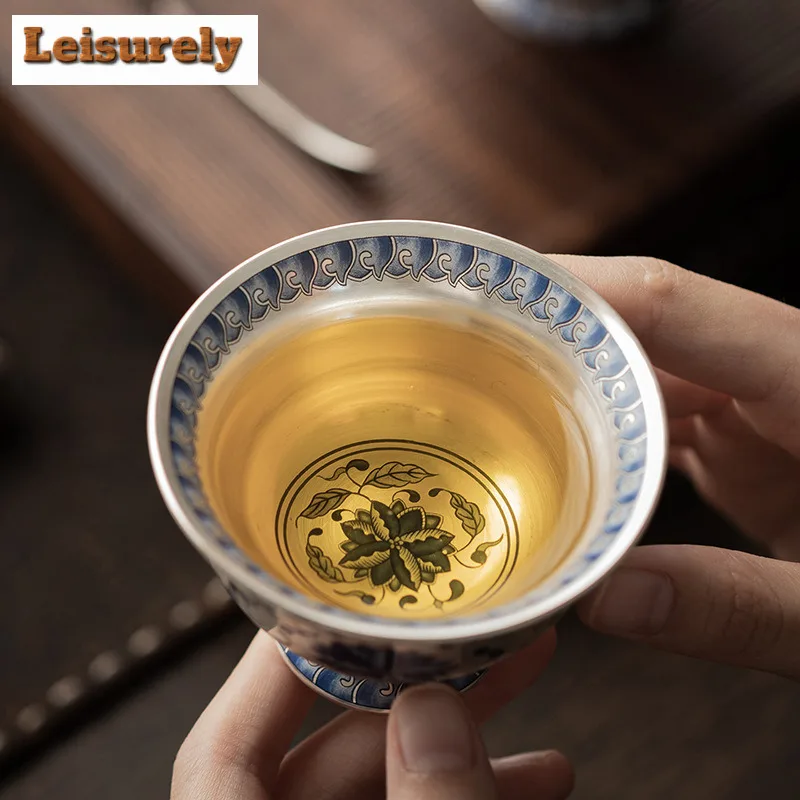 Gilt Silver Twisted Lotus Round Foot Teacup Traditional Tea Bowl Mug Tea-tasting Smelling Cup Jianzhan Master Cups Cha Set Gift