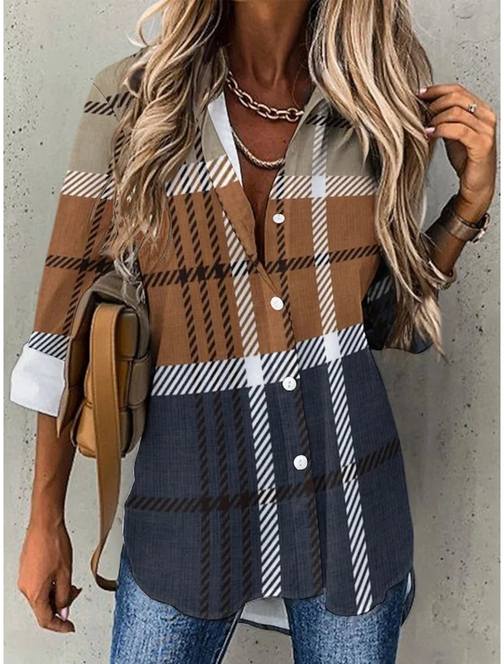 2024 Women's Shirt Blouse Plaid Red Blue Purple Print Button Long Sleeve Casual Fashion Shirt Collar Fit Spring & Fall tops