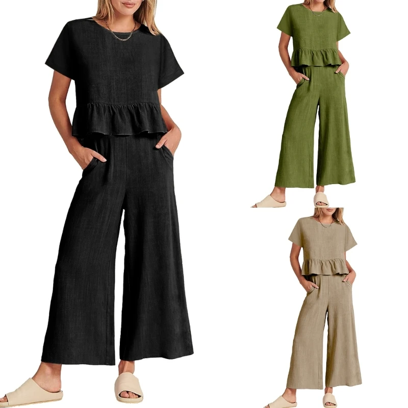 

Women Formal Pants Suits Evening Weddings Petite Summer 2 Piece Outfits Ruffle Crop Top Wide Leg Pants Set with Pockets N7YF