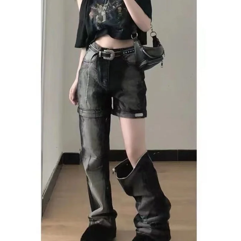 

Men's Jeans Detachable Denim Pants Women Autumn Thin Retro Straight Trousers Zipper Hight Waist Cowboy Long Ripped