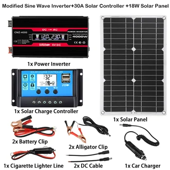 110V/220V Solar Panel System 18V18W Solar Panel+30A Charge Controller+4000W Modified Sine Wave Inverter Kit Power Generation Kit