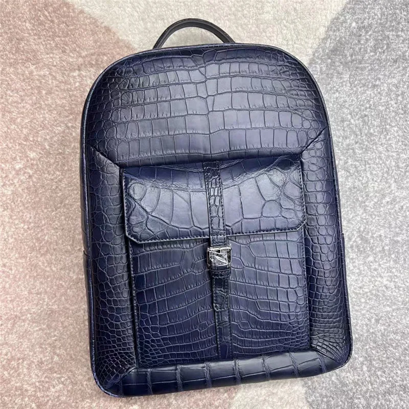 

Exotic Genuine Crocodile Belly Skin Navy Blue Men Large Backpack Authentic Real Alligator Leather Male Business Travel Bag Pack
