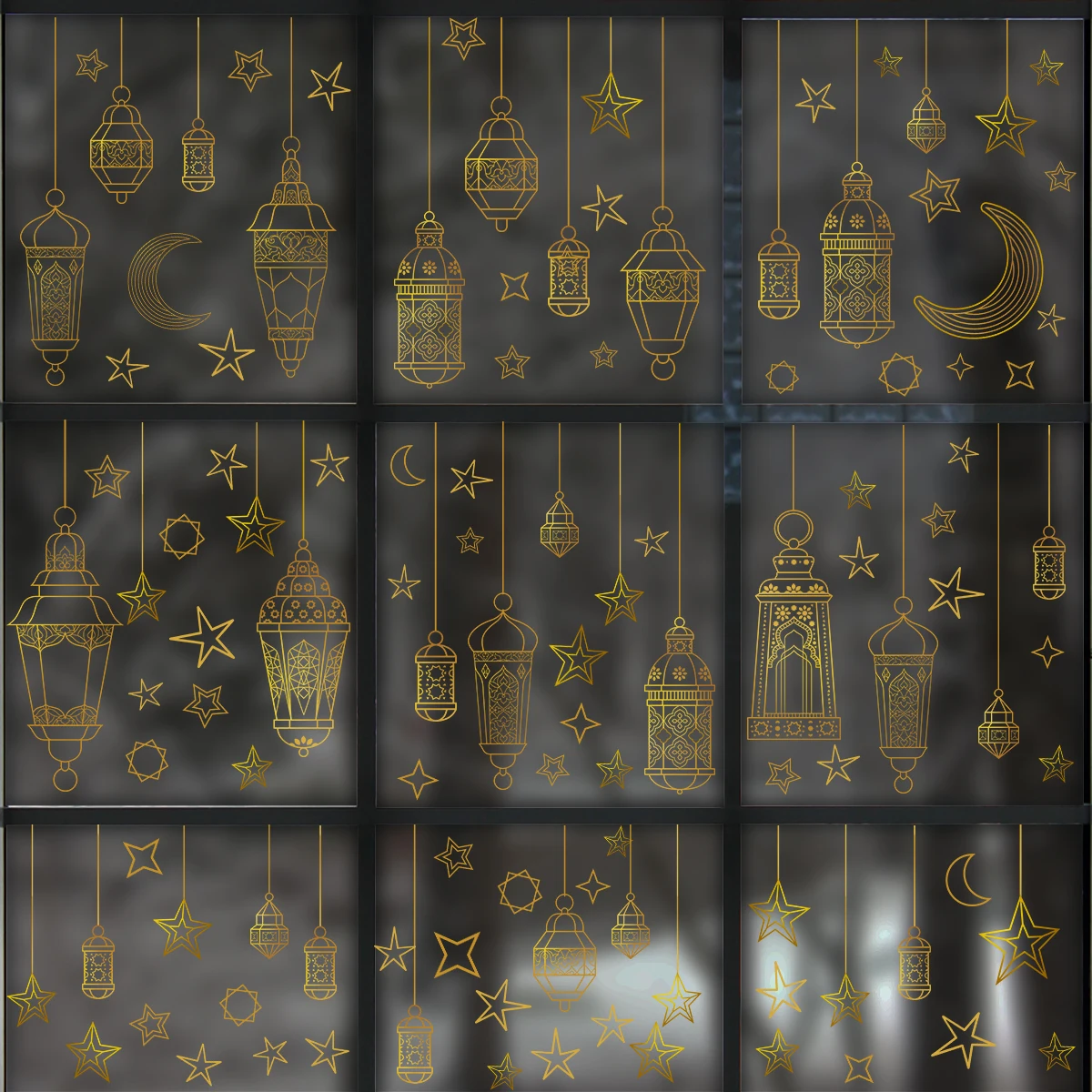 5 Stück/Set Stern-Mond-Lampe, doppelseitig bedruckte, kleberfreie Wandaufkleber, elektrostatische Glasfolie für Schaufensterdekorationen – Detail 16