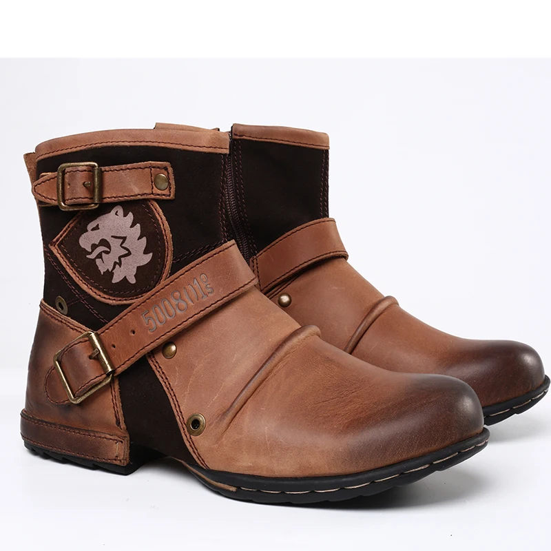 WInter Fashion Men's Shoes Boots Warm Leather Vintage Motorcycle Male Boots Riding Retro Metal Style Zippers Men's Shoes