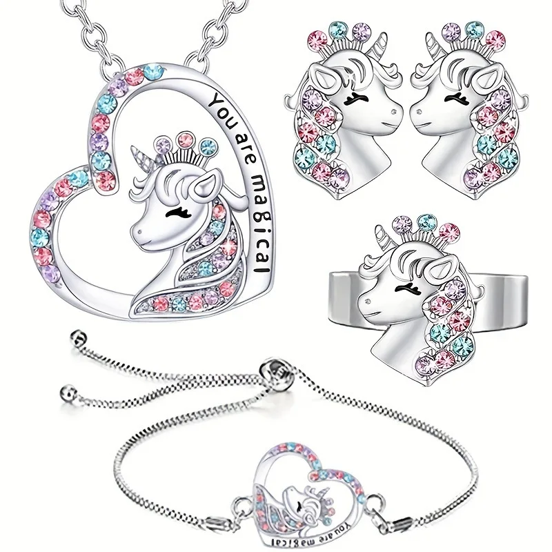 Jewelry Set Colorful Heart Unicorn Jewelry Set with Earrings Necklace and Rainbow Gemstones for Women and Kids