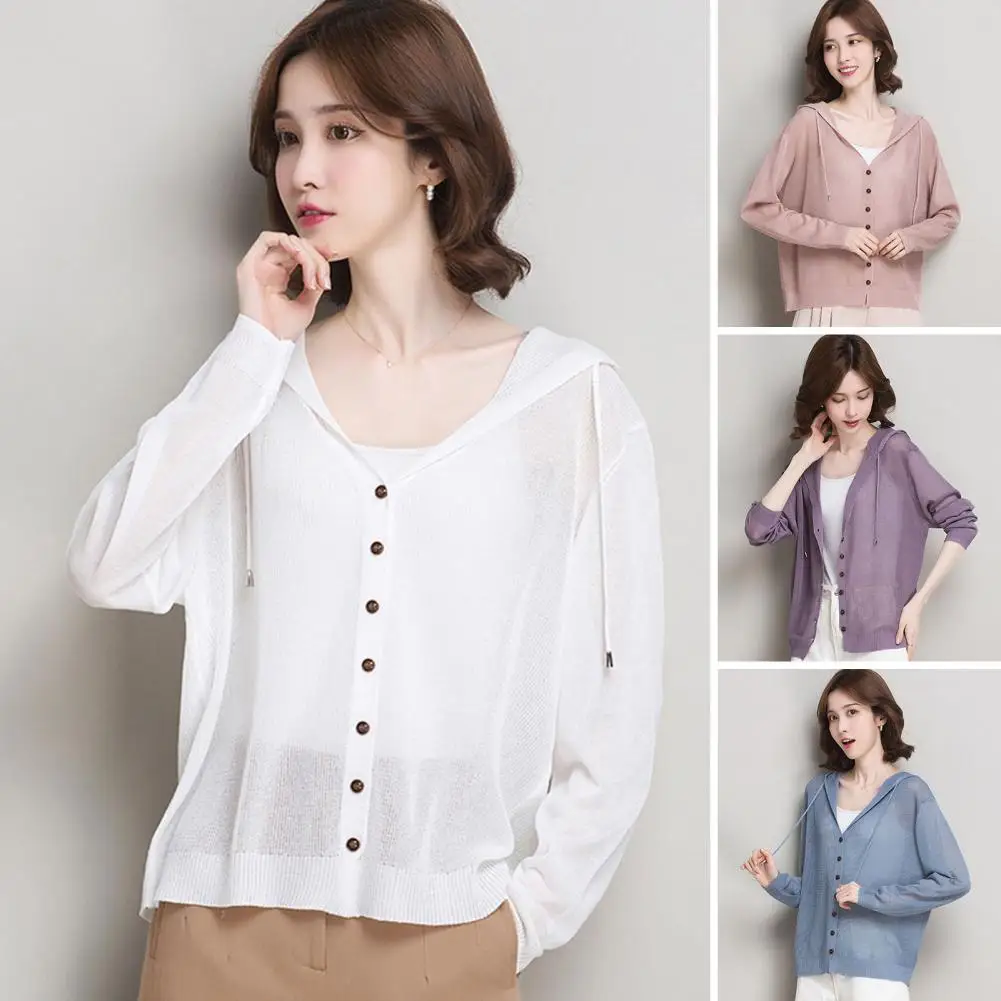 

Stylish Women's Sweater Coat Hooded Knitted Soft for Spring Stay Warm with Elastic Buttons Sun Protection Jacket.