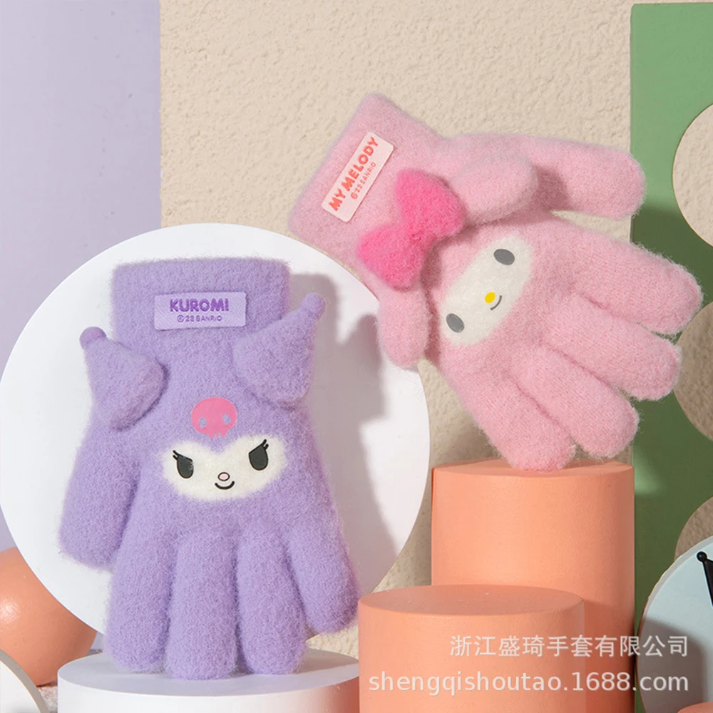 Anime Sanrios Kids Plush Gloves Cartoon Kuromi Melody Cinnamoroll Kawaii Winter Thickened Mittens Girls Five Finger Gloves Gift