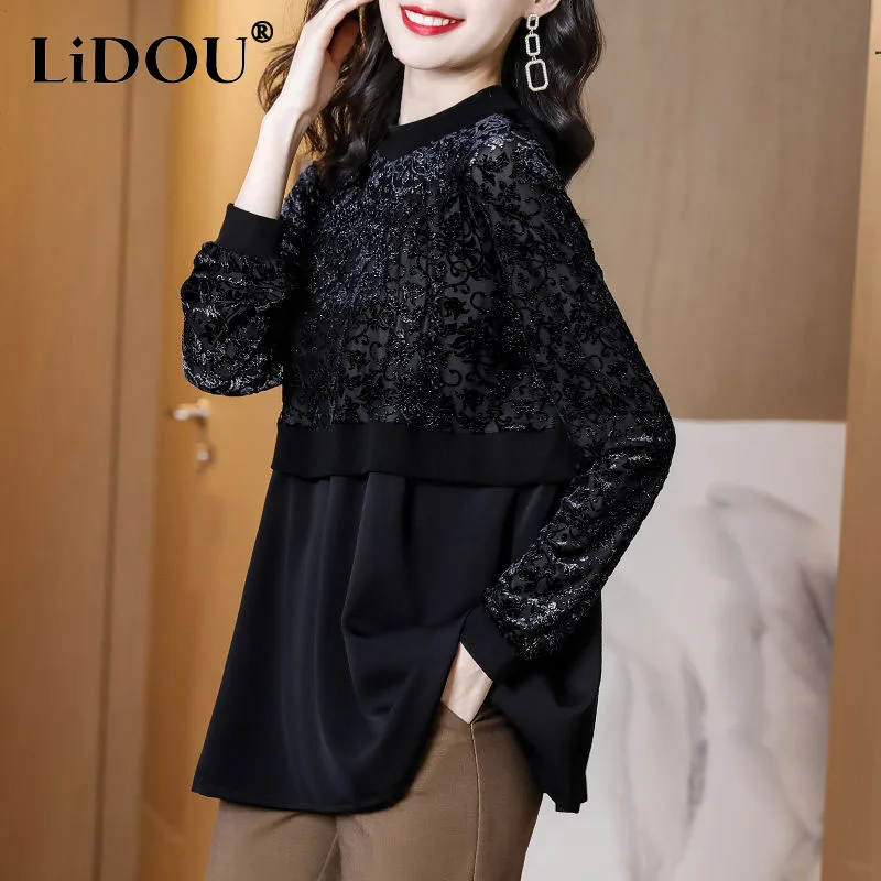 

Spring Autumn Lace Loose Korean Tops Women Tees Patchwork Long Sleeve Pullovers Bottoming T-shirts Floral Chic Office Lady Tops