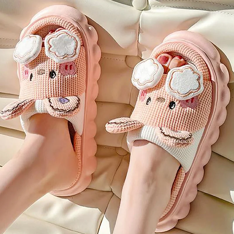 

Linen Home Slippers for Women Cute Cartoon Rabbit Soft Slippers Female Platform Indoor Slippers Non-Slip Comfortable Fun Shoes