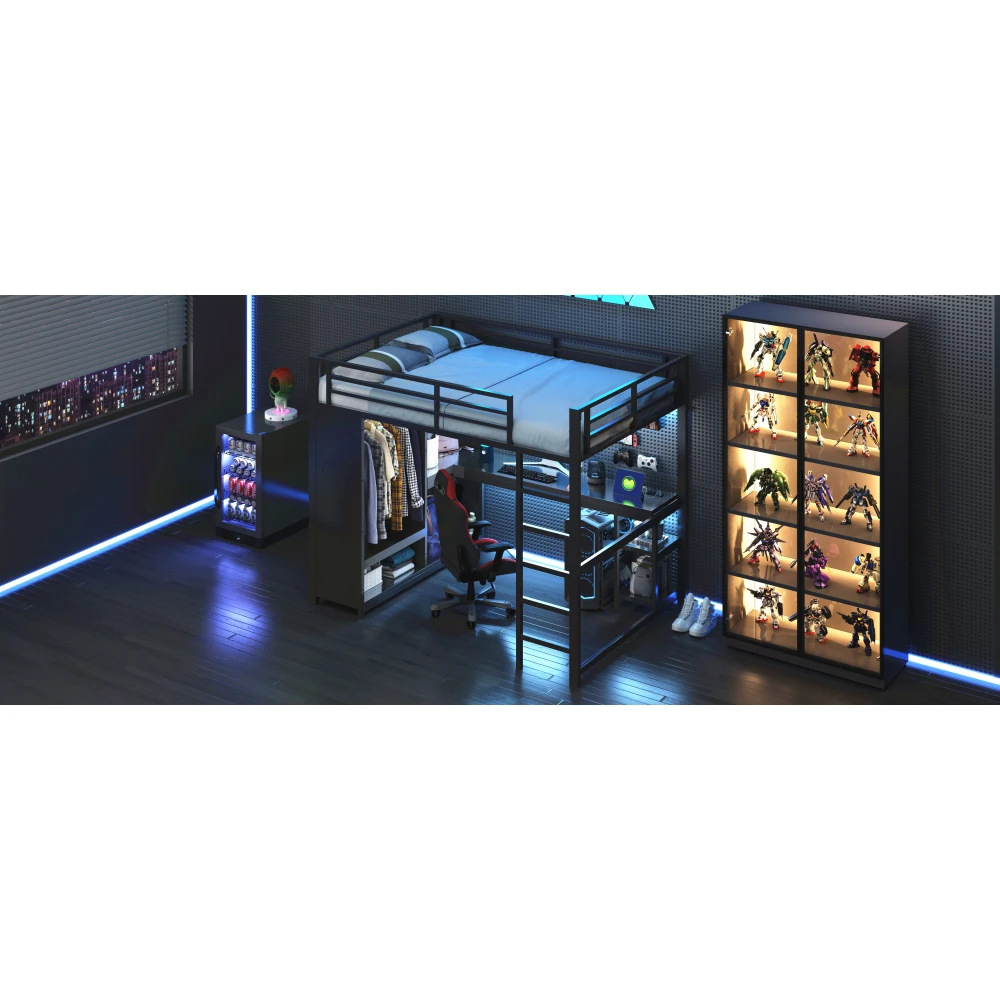 Schwarzes Metall-Gaming-Hochbett mit LED-Beleuchtung 140x200/160x200cm Multifunktionales Kinder-Etagenbett mit Schreibtisch Offener Kleiderschrank Aufbewahrungsboxen – Detail 16