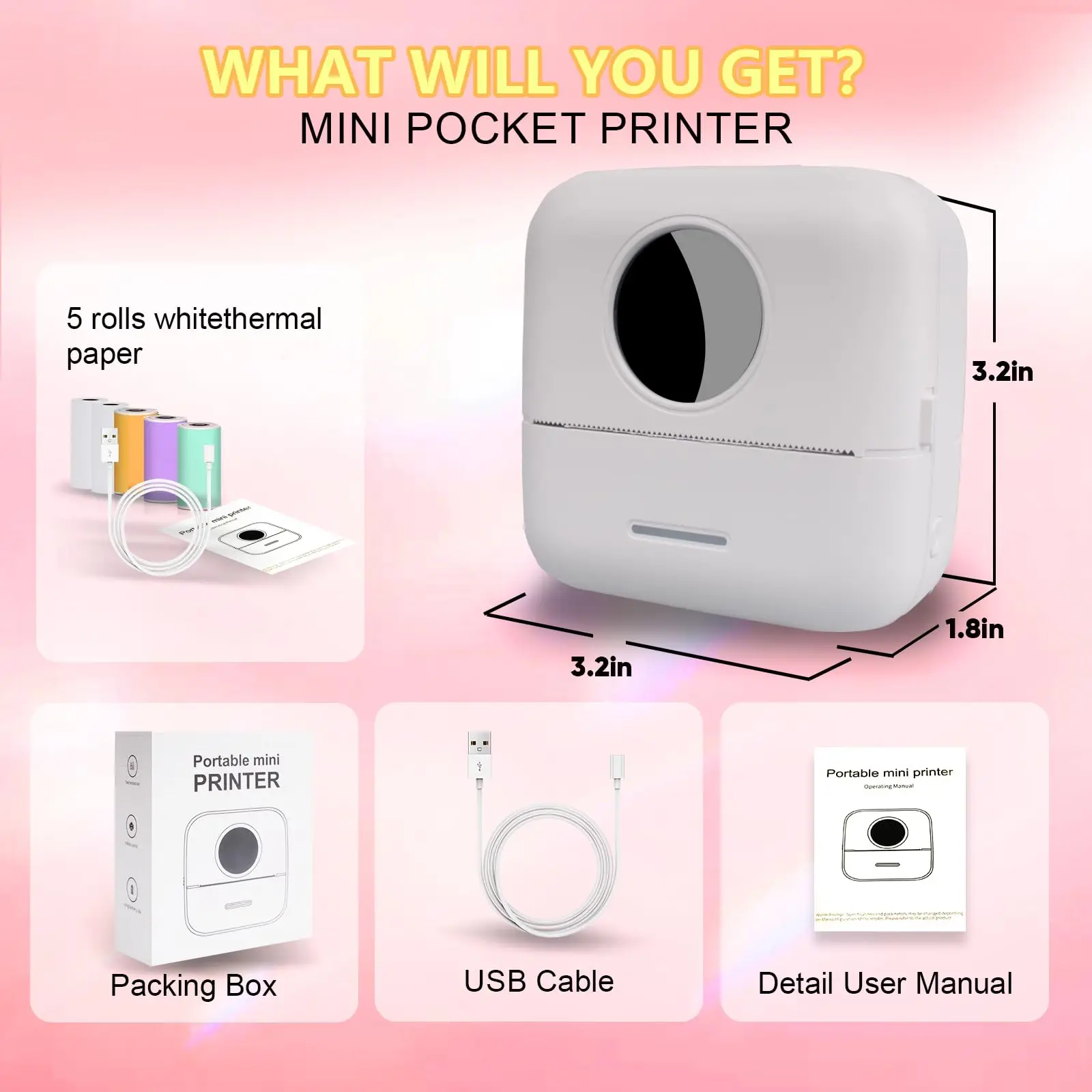[Mini Portable Printer] Mini Portable Thermal Printer | 13 Rolls | Print Pictures, Photos, Labels, Text, To-Do Lists | 57*25mm