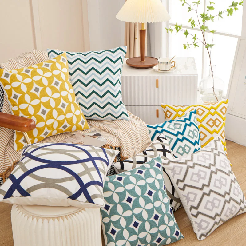 

Geometric Embroidery Pillowcase Cover Sofa Decoration Seat 45X45CM Nordic Style Grey White Office Cushion Cover