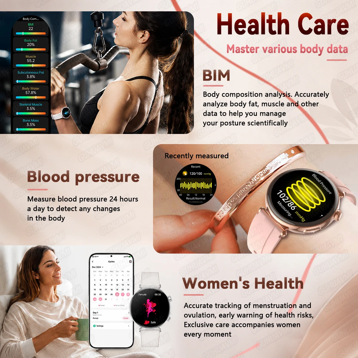2026 New Women Fashion Health Smart Watch ECG+PPG Body analysis Blood Pressure Health Monitor IP68 Sports Voice Call Smartwatch 4