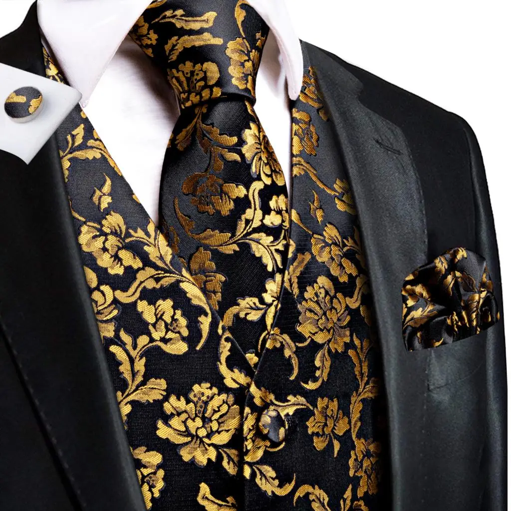 Hi Tie Black Gold Floral Novelty Silk Men Slim Waistcoat Necktie Set ...