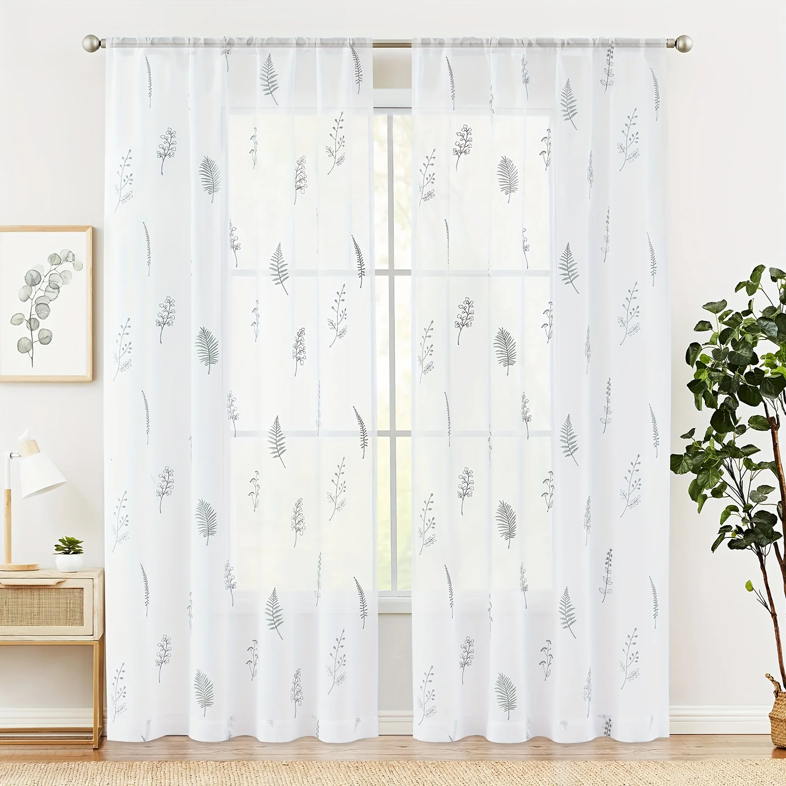 

2pcs COLLACT Sheer Embroidered Curtains, For Living Room, 84 Inch Length, 2 Panels Leaf Pattern Voile, For Bedroom, Botanical De