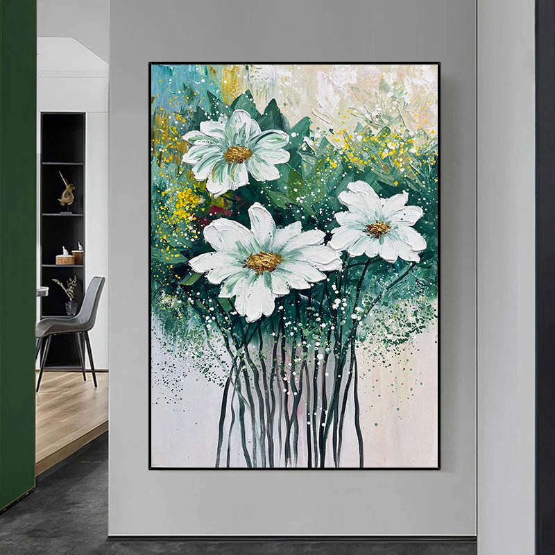 

OQ100% Handmade Abstract White Flower Knife Oil Painting On Canvas Living Room Sofa Home Decor Wall Art Hanging Mural Unframed