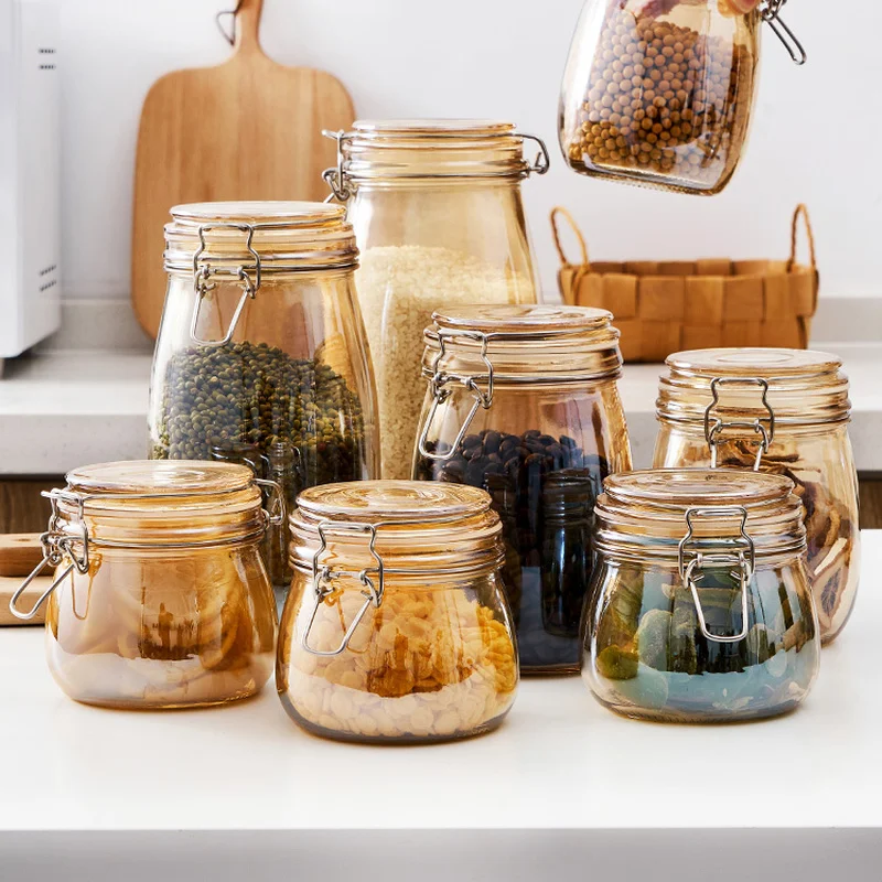 Amber Glass Airtight Jar Moisture Proof Coffee Tea Candy Jar Kitchen Spice  Tank Honey Jam Tank Glass Containers Pot Home Decor