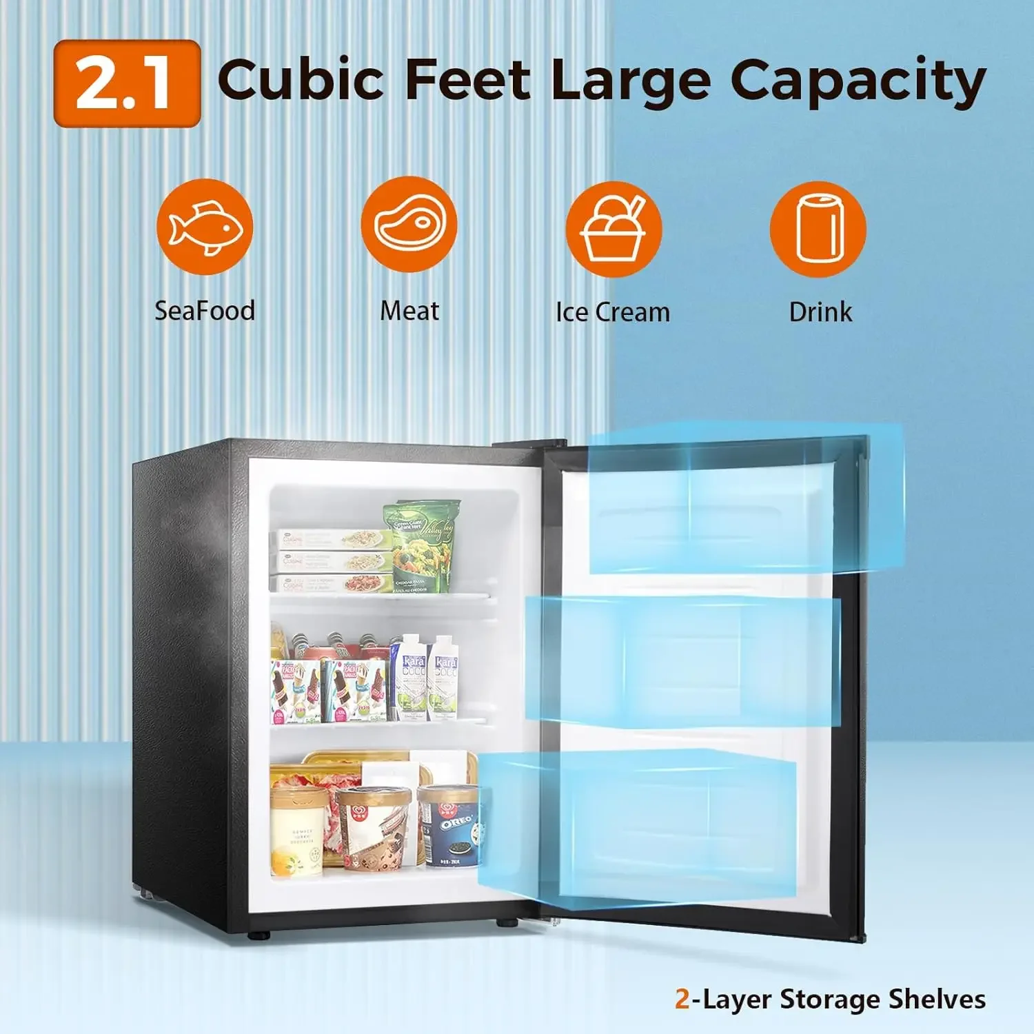 2.1 Cu.ft Compact Upright Freezer with Reversible Single Door,Removable Shelves Mini Freezer with Adjustable Thermostat 2