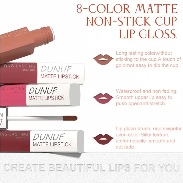 Matte Liquid Lipstick Set 8 Pieces Waterproof Non Transfer Lip Glaze Long Wearing Smudge Proof Lip Gloss