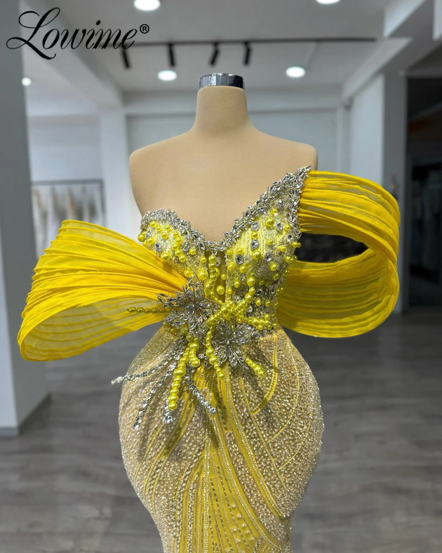 Yellow Party Dress For Wedding 2025 Mermaid Off The Shoulder Crystals Prom  Dress | eBay