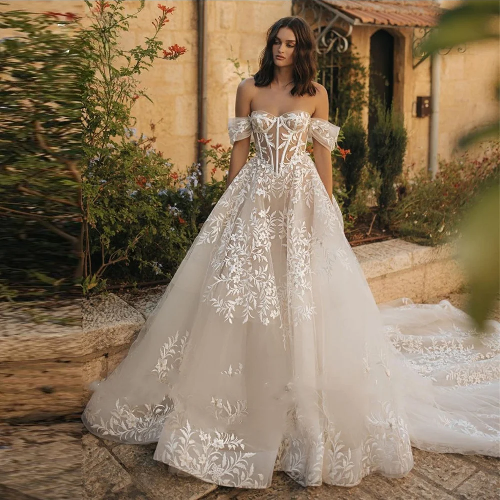 

YUDX Luxury Lace Appliques Tulle Wedding Dress Modern Sweetheart Neck Off The Shoulder A-Line Illusion Backless Bridal Gown
