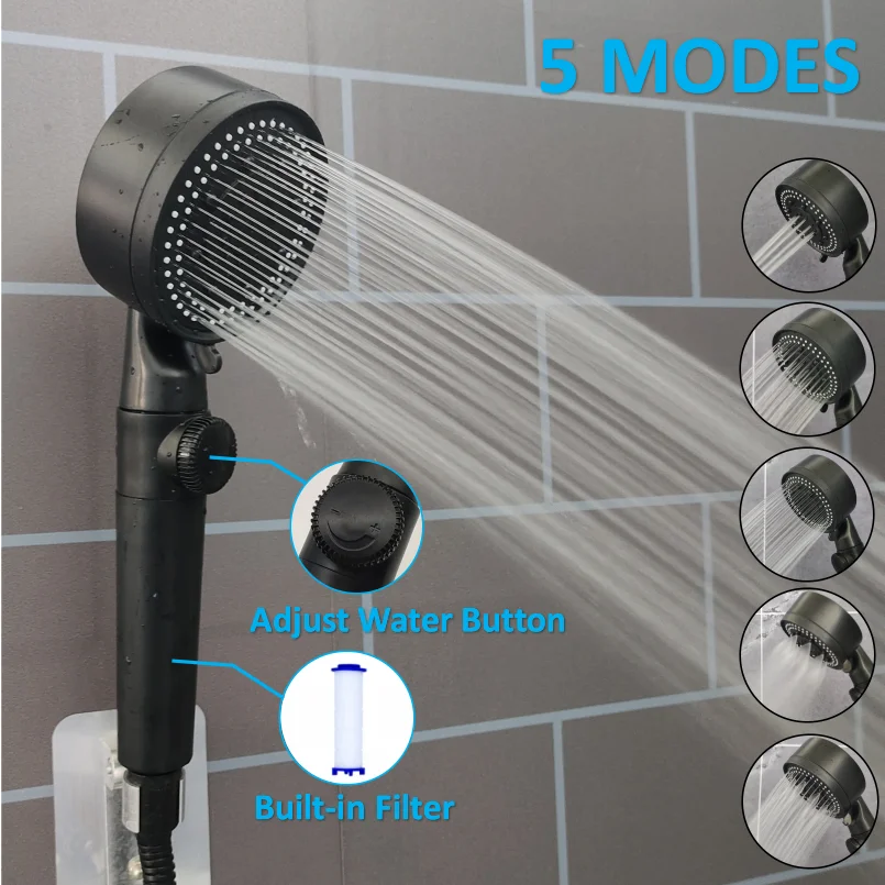 New High Pressure Shower Head With Adjust Water Black 5 Modes Water