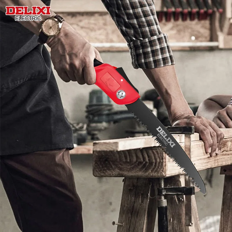 Folding Saw DELIXI ELECTRIC Manual SK5 Steel One-button Folding Design Sharp Blade for Cutting Wood Tree Garden