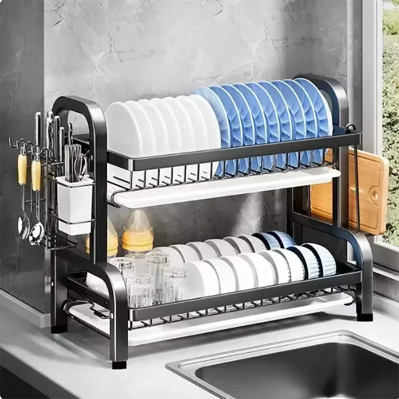 2/3-Tier Carbon Steel Dish Rack with Utensil Holder Compact Rustproof Kitchen dishes dryer Countertop Organizer & Drying Drainer 5