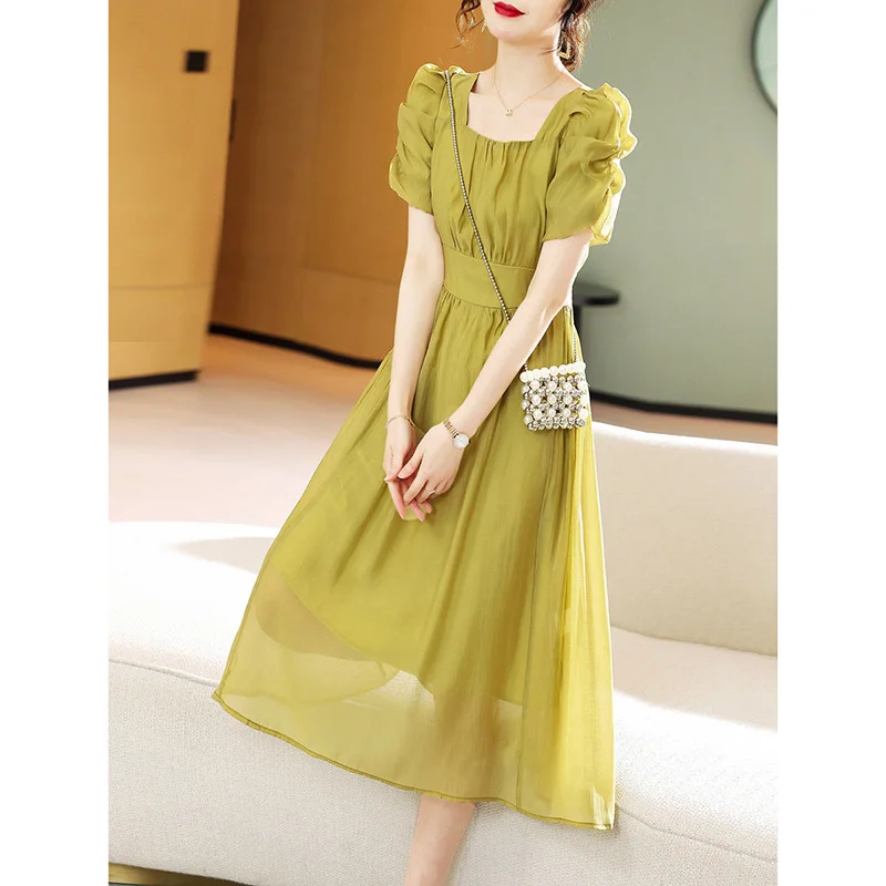 Fashion Square Collar Lace Up Bow Folds Puff Sleeve Midi Dress Women's Clothing 2024 Summer New Loose Korean Short Sleeve Dress