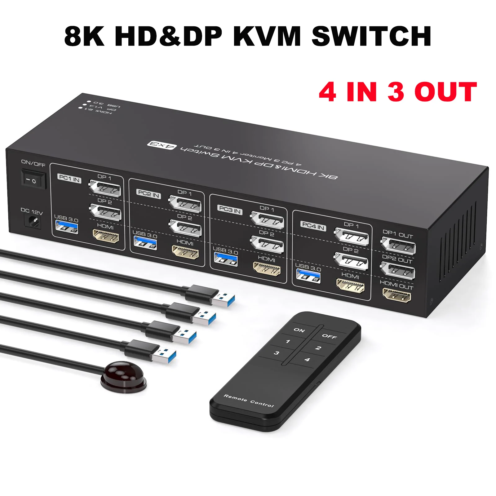 8K@60Hz 2 Displayport HDMI KVM Switch 4 Computers 3 Monitors,Triple Monitor HDMI KVM Switch and 4USB3.0 Port with Remote Control